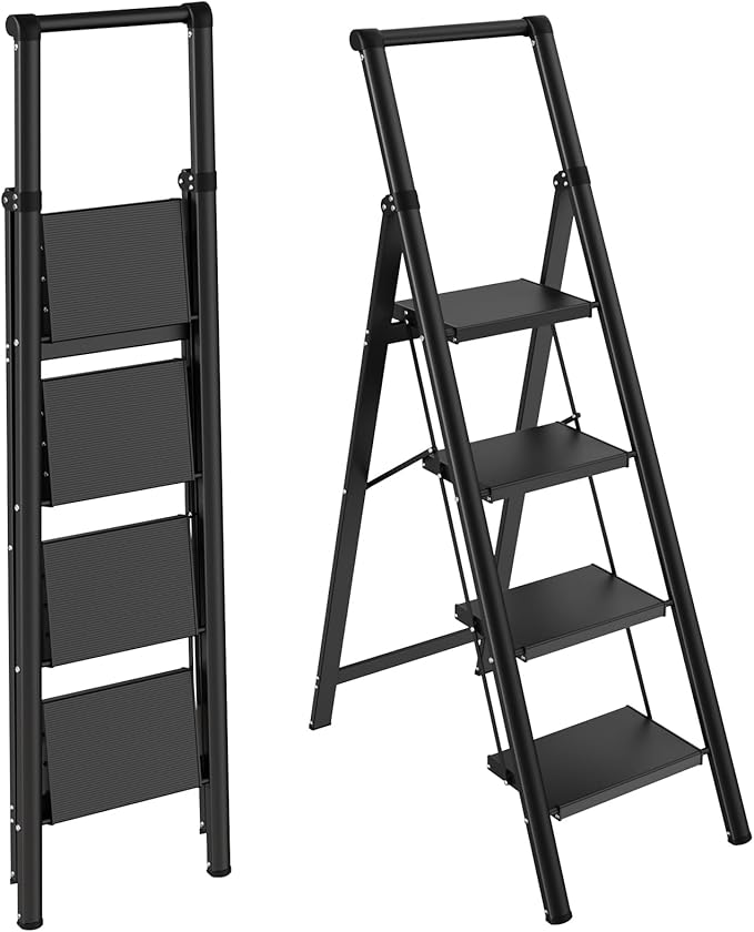 HBTower 4 Step Ladder with Handrail, Aluminum Folding Step Stool,330lbs Capacity Portable Step Ladder，Non-Slip Safety Ladder for Household,Kitchen,Office - Black