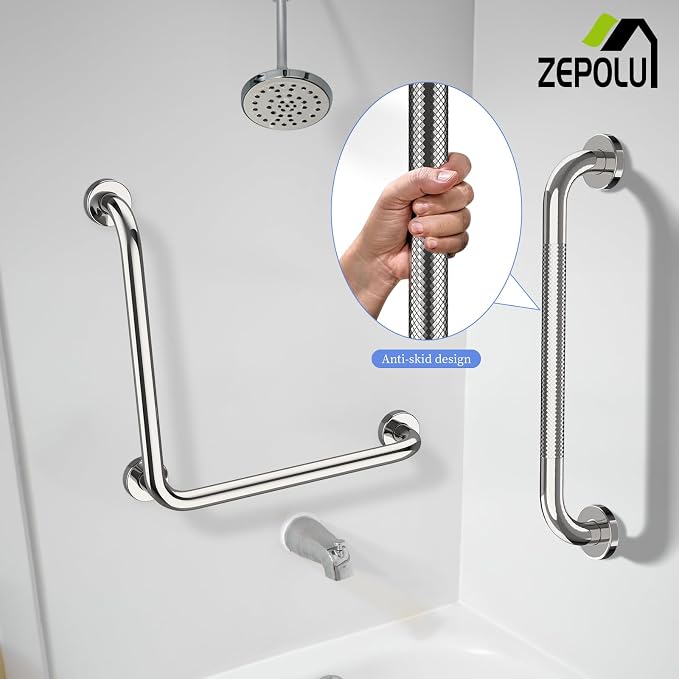 Polished Chrome L-Shaped Grab Bar 16x16 Inch + Knurled Shower Grab Rail 20 Inch, Zepolu Stainless Steel Angled Toilet Safety Bar, Bathroom Mobility Aid Handrail, Balance Support Assist Bar for Senior