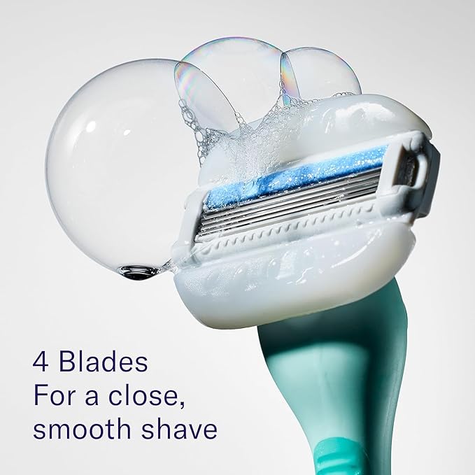 Flamingo Moisture Plus Women's Razor Set - No Shave Gel Needed - Razor Handle, 4 Blade Refills, Shower Holder - Seafoam