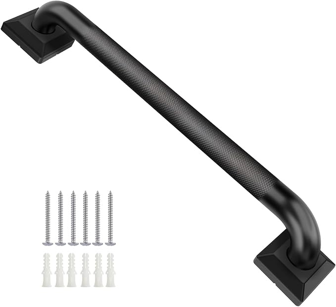 Shower Grab Bars for Seniors, 12 Inch Square Matte Black Bathroom Handle for Wall, 304 Stainless Steel Anti Slip Bathtub Safety Bar, ADA Compliant 500 LBS Hand Rail for Elderly, Handicap