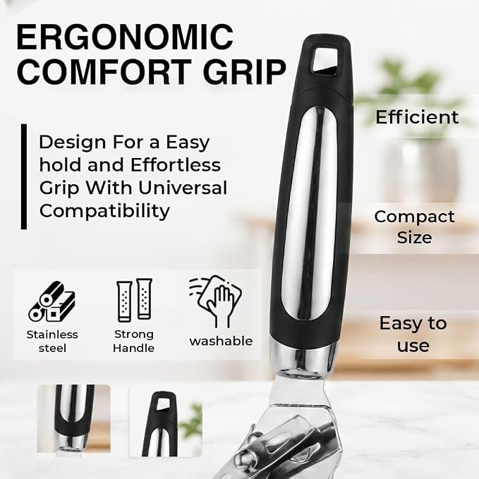 Manual Can Opener – Easy Grip Can Opener Manual, Smooth Edge Design, Durable Stainless Steel, Can Openers for Seniors, Effortless Turning, Kitchen Tool (Silver&Black)