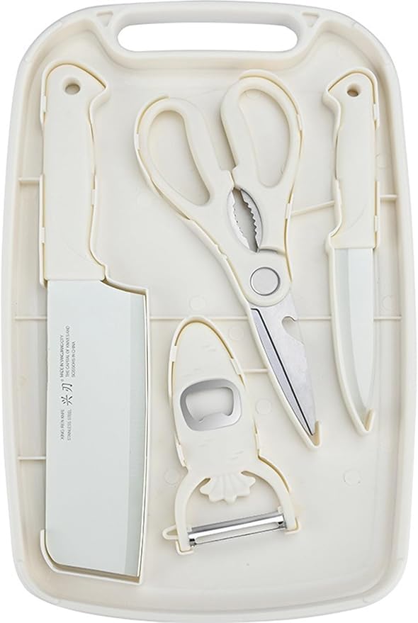 SUJAYU 5 in 1 Mini Knife and Cutting Board Set, Small Camping Cutting Board Cutting Board Scissors, Dorm Kitchen Essentials Travel Knife Set (Beige)