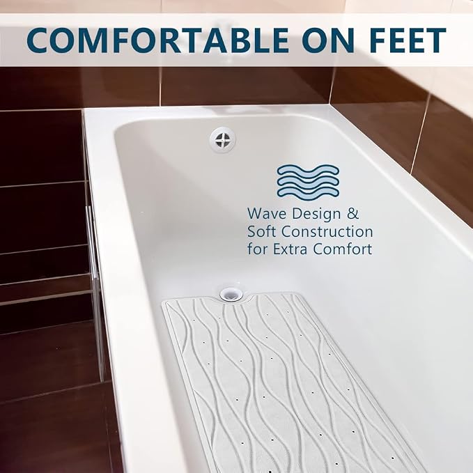 ComfiLife Bath Mat for Bathroom Tub and Shower – Non Slip Extra Large Bathtub Mat with Drain Holes & Suction Cups – Machine Washable Rubber Mats to Keep Bathtub Clean (Cream, Wave 16" x 40")