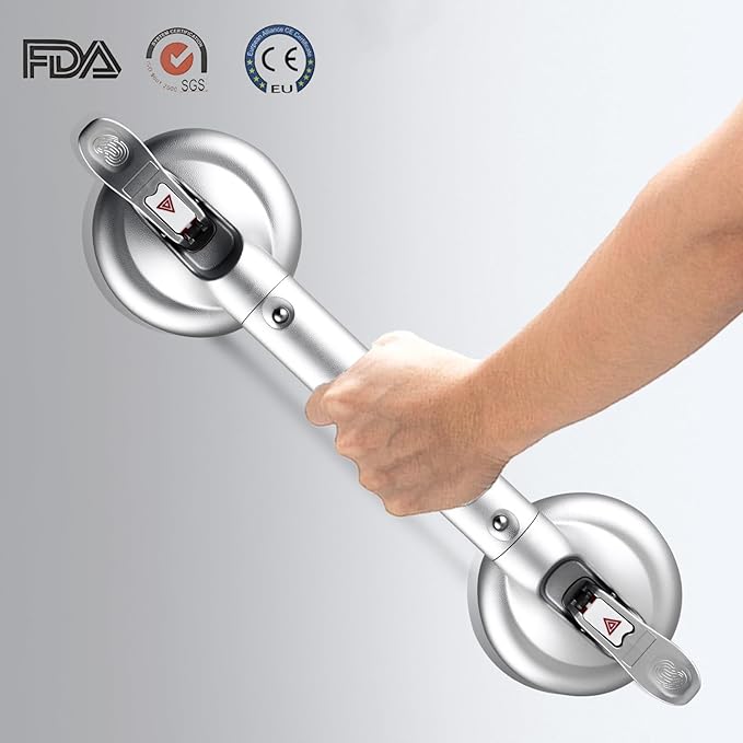 𝗨𝗽𝗴𝗿𝗮𝗱𝗲𝗱 Suction Cup Grab Bars for Bathtubs and Bathroom, Tool Free Shower Handle, Grab Handle for Elderly Suction with Indicators, Shower Grab Bar for Seniors, Heavy Duty,Sliver
