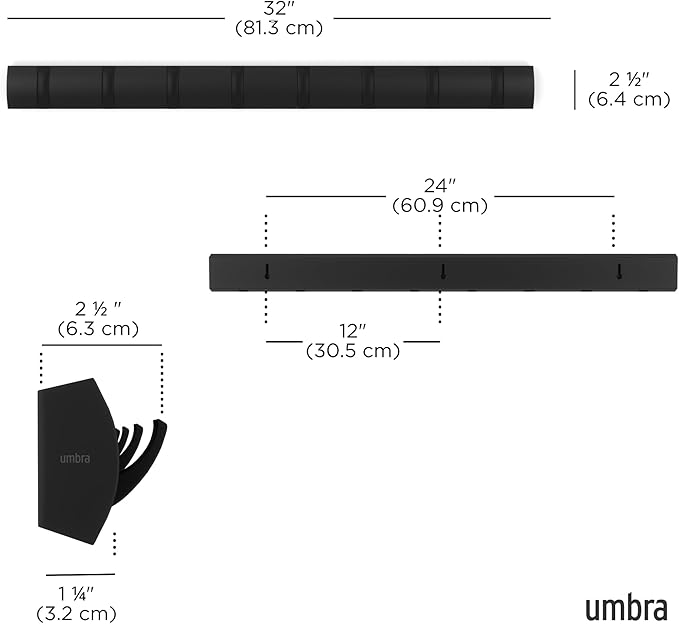 Umbra Flip Wall-Mounted Coat Rack with 8 Hooks – Modern, Space-Saving Storage for Hats, Jackets, Bags, Entryway, Mudroom, Closet, Bathroom, Bedroom – Black