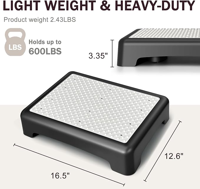 Bed Step for High Beds Adults - 3.35" Barefoot-Comfortable TPE Soft Pad Mobility Step Stool for Seniors & Post Surgery, 600lb Heavy Duty Anti-Flip Step for Car, SUV, RV & Bathroom (Black-Grey)