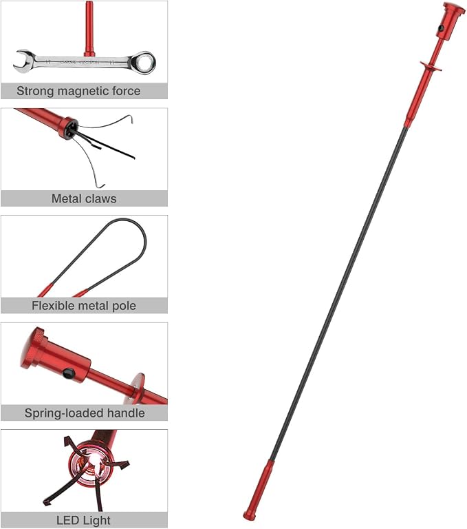 Housolution Grabber Tool Magnetic Four-claw Picker, Bendable Hose Reacher Pickup Sweeper with LED Lights, Flexible Long Handy Reaching Assist Tool for Litter Pick/Home Sink/Drain - Red
