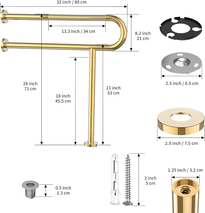 Toilet Support Rail 32 Inch, Munzong Anti-Slip Gold Handicap Grab Bar for Bathroom, Stainless Steel Knurled Safety handrails with Leg for Elderly Disabled Pregnant-1.25’Tube