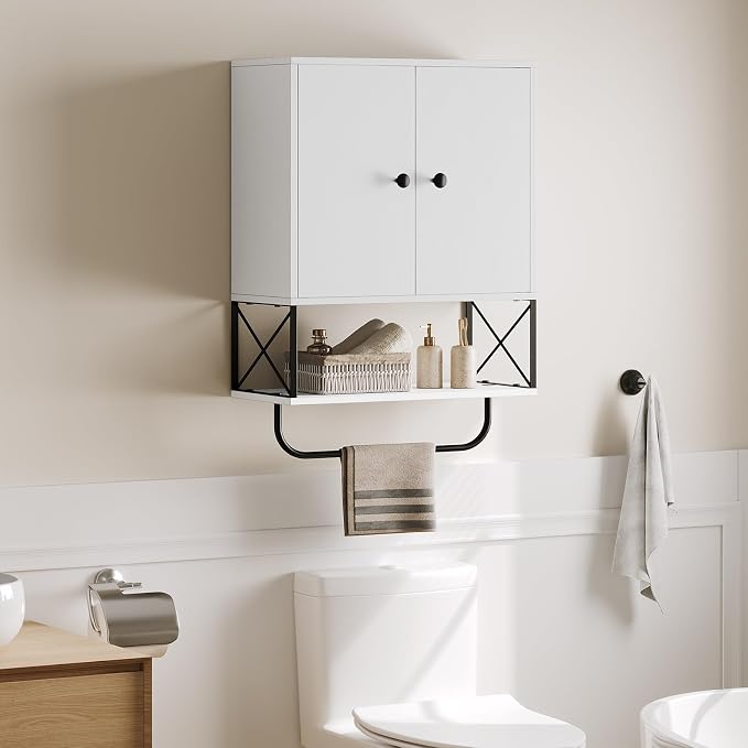 MAHANCRIS Bathroom Wall Cabinet with 2 Door and Adjustable Shelf, Farmhouse Medicine Cabinet with Towel Rack, 3-Tier Wall Mounted Storage Cabinet Over The Toilet for Bathroom, 18.9" L, White