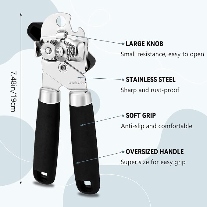 KTOJOY Heavy Duty Stainless Steel Smooth Edge 3-In-1 Multifunctional Manual Strong Can Bottle Opener – Soft-Grip Black