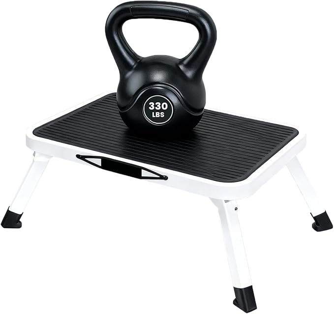 OLIXIS Foldable Step Stool with Non-Slip Platform & Rubber Feet, 330lbs Capacity Sturdy Metal Foldable Stool, 1-Step Ladder with Carrying Handle for RV, Truck, Home Kitchen, Indoor & Outdoor Use