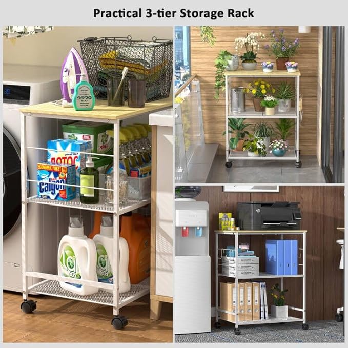 ThreeHio Rolling Kitchen Microwave Cart, 3 Tier Microwave Table Stand with Storage, Kitchen Utility Cart on Lockable Wheels, Small Coffee Station Shelf Rack Organizer for Living Room Office, Balcony