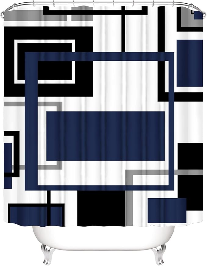 Yddsky 4 Pcs Blue Geometric Shower Curtain Sets with Rugs Blue Bathroom Sets with Shower Curtain and Rugs Modern Bathroom Curtains Shower Set with Toilet Lid Cover for Bathroom Decor Accessories