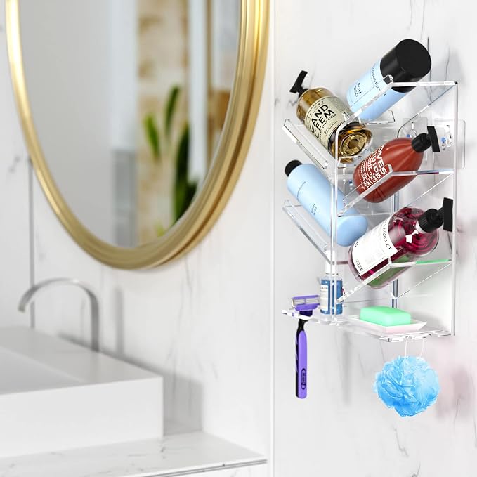 AITEE Acrylic Bathroom Organizer Shower Caddy, Clear Shampoo Holder Organizer Shelf Wall Mounted, Shower Shelves with Suction Cup, No Drilling and Rustproof, Sturdy and Durable