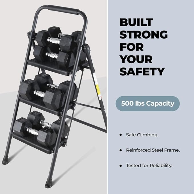 Medical King 3-Step Folding Stool with Wide Anti-Slip Pedal, Lightweight Portable Steel for Home and Office