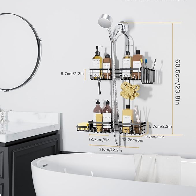 KEGII Shower Caddy Hanging for Handheld Showerheads, Rustproof Hanging Shower Organizer with Soap Dish, Toothbrush Holder and Hooks, Over Showerhead Caddy for Bathroom