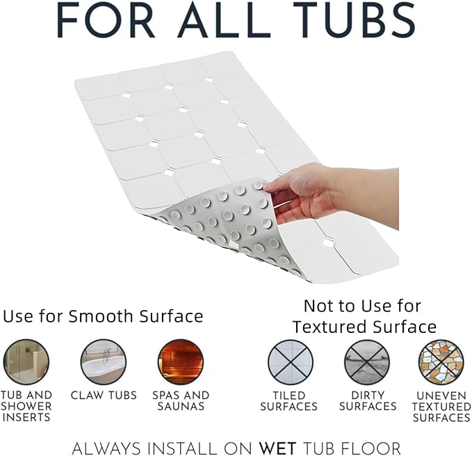 Bathtub Mat Non Slip 15" x 28" Silicone Foldable Tub Mat with Strong Suction Cups & Large Drain Holes, Durable & Eco-Friendly, for Smooth Surfaces, Ideal for Seniors, Adults White