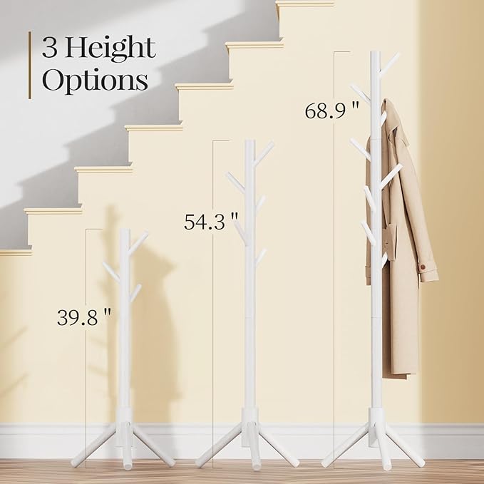 Pipishell Solid Wooden Coat Rack Freestanding, Hall Tree with 8 Hooks, 3 Height Options for Coats, Hats, Handbags, and Scarves, Tool-Free Assembly, Space Saving Design for Entryway, Office, Bedroom