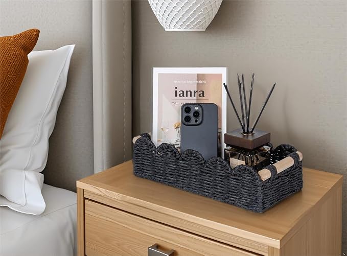 CubesLand Toilet Paper Storage Basket, Scalloped Edge Shelves Basket for Organizing for Over Toilet Tank Storage, Home Decor Baskets for Shelf, Countertop, Living Room, Bedroom, Handwoven, Black