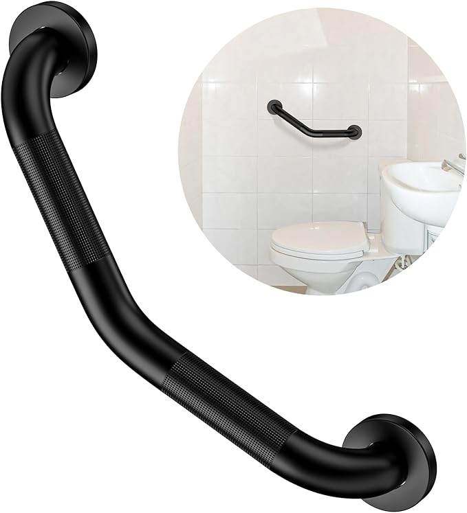 16 Inch Angled Grab Bar, ZUEXT Anti Slip Black Shower Grab Bar Handles, Stainless Steel Knurled Bathroom Balance Bar, Safety Hand Rail Support,Handicap Elderly Injury Senior Assist Bath Handle