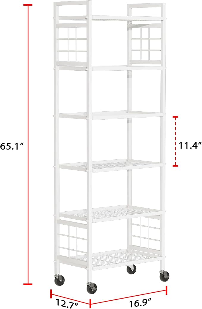 GIOTORENT 6-Wire Standing Storage Shelf with Wheels, Mobile Metal Shelving Unit for Bathroom Organizers & Laundry Room, Kitchen Pantry Rack, Heavy Duty Utility Shelf, White