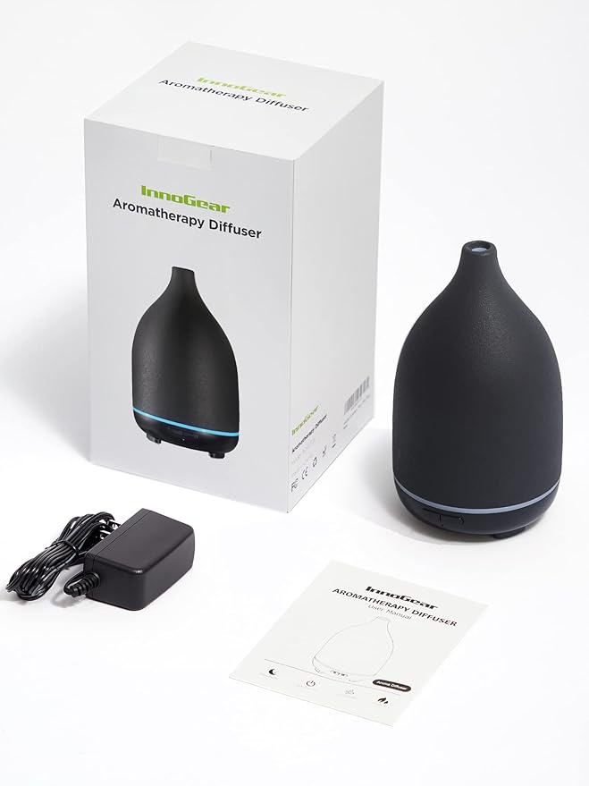 InnoGear Oil Diffuser, 150ML Ceramic Diffuser for Essential Oils Handcrafted Aromatherapy Diffuser Mother's Gift Ultrasonic Cool Mist Humidifier with 2 Mist Modes Waterless Auto Off for Home, Black