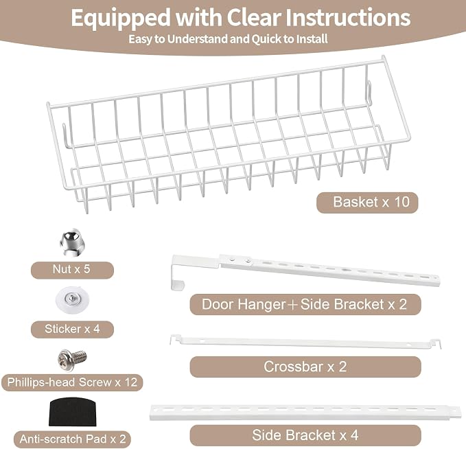 ElegantArray 10-Tier Pantry Door Oragnizer, Over The Door Pantry Organizer Rack and Storage, Hanging Spice Rack Shelves Door, Home Office Laundry Room Bathroom & Kitchen Organization, White