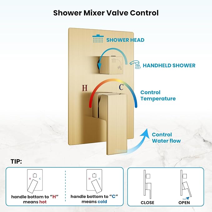 gotonovo Rainfall Bathroom Shower System Rain Shower Head and Handle Set Wall Mounted Shower Complete Combo Solid Brass Pressure Balancing Shower Mixer Valve 16 Inch Brushed Gold