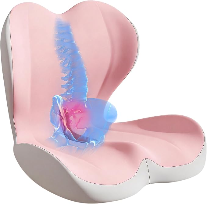 Seat Cushion for Office Chair and Car, Lumbar Support Pillow for Office Chair, Memory Foam Ergonomic Seat Cushion for Long Sitting, Back & Tailbone Pain, Sciatica - Pink & Gray