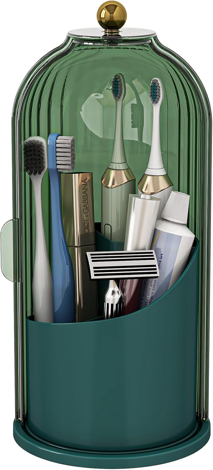 Toothbrush and Toothpaste Holders with Cover, All Green | Waterproof and Dustproof, 360° Rotating Base, Smooth Sliding Door, 3 Slots, for Bathroom Countertop