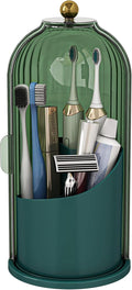 Toothbrush and Toothpaste Holders with Cover, All Green | Waterproof and Dustproof, 360° Rotating Base, Smooth Sliding Door, 3 Slots, for Bathroom Countertop
