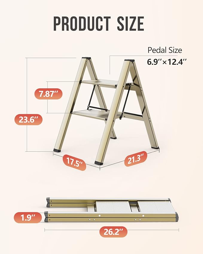 WOA WOA 2 Step Ladder, Foldable Step Stool, Aluminum Lightweight Ladder for Home Kitchen Closet, Anti-Slip Pedals, Ease of Folding, Portable, 300lbs Capacity - Gold