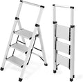 3 Step Ladder Aluminum Lightweight Folding Step Stool, 600lbs Max Load Heavy Duty Step Stool with Safety Handrail, Slim Foldable Kitchen Stool with Anti-Slip Pedal for Home Sliver，3 Steps