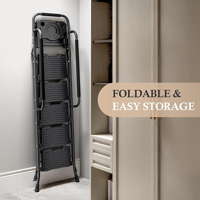 Simple Deluxe 5 Step Ladder with Tool Platform, 900 lbs Sturdy Step Stool with Handrail, Step Stool for Adults, Step Ladder for Home Kitchen and Outdoor, Black