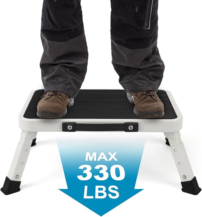 Valeo Folding Step Stool, Adjustable Step Stool with Non-Slip Platform, 330 Lbs Capacity, Step Ladder for Adults or Kids in Kitchen, Bathroom, RV, Camping, Office, White