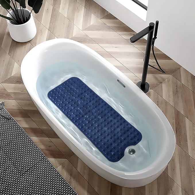Bathtub and Shower Mats, Extra Long Non-Slip Bath Tub Mat 39 x 16 Inch, Machine Washable Bathmat with Suction Cups & Drain Holes for Bathroom Floor, Navy Blue