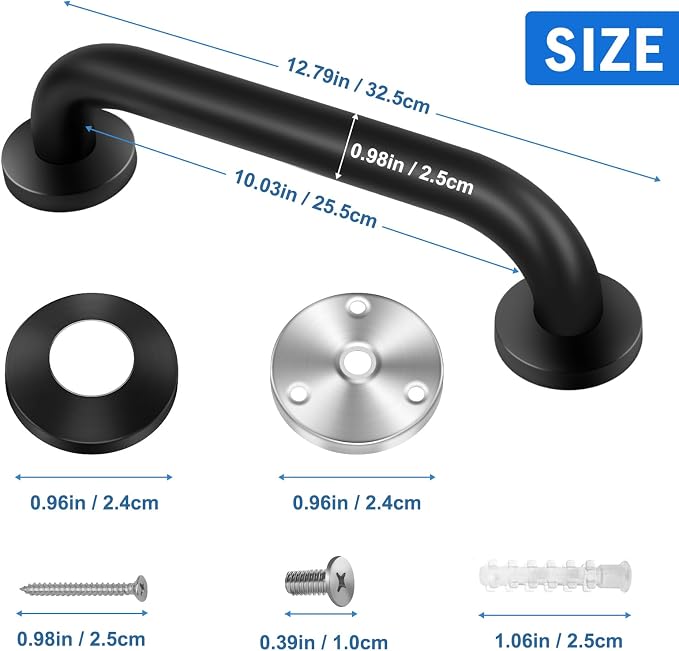 2 Pack Shower Grab Bar, Stainless Steel Bathroom Grab Bar, Shower Handle, Bath Handle, Grab Bars for Handicap Elderly Seniors Bathroom Safety Grab Bar (12 Inch，Black)