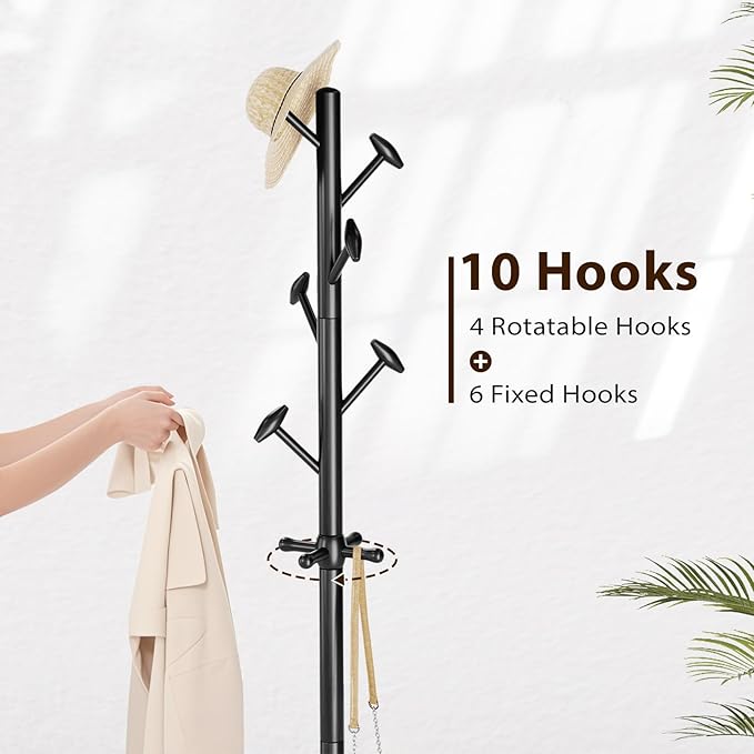 Taitiy Solid Wood Coat Rack Freestanding Coat Tree with 10 Hooks for Bedroom, Livingroom, Entryway, Sturdy Coat Hanger Stand for Hats, Coats, Scarves, Handbags, Purses