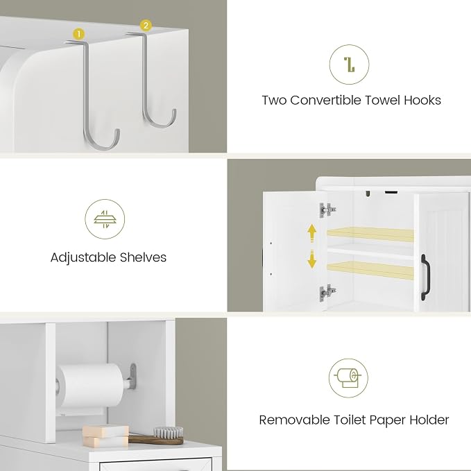 UPOSOJA Over The Toilet Storage Cabinet with Pulley Small Bathroom Storage Cabinet, Space Saver W/Adjustable Shelf & Open Shelf for Bathroom, Restroom, Laundry (White-Type A)