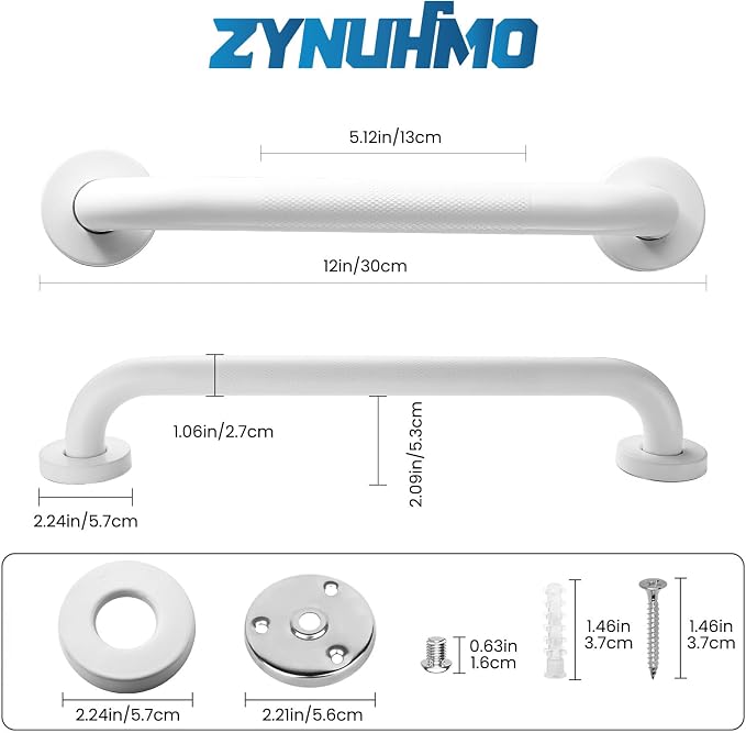 Grab Bars for Shower, Zynuhmo 2 Pack 12 Inch Anti Slip Stainless Steel Bathroom Safety Shower Grab Bar Handrails for Handicap Injury Pregnant Senior Assist Shower Handles(Matte White, 1" Diameter)
