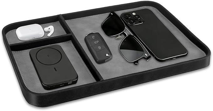 SITHON Valet Tray Trendy Organizer, Premium PU Leather Stylish and Organized Multifunctional Catchall Bedside Vanity Tray Nightstand Caddy Holder for Keys, Watch, Wallet, Jewelry and more (Black)