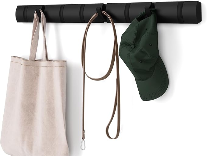 Umbra Flip Wall-Mounted Coat Rack with 8 Hooks – Modern, Space-Saving Storage for Hats, Jackets, Bags, Entryway, Mudroom, Closet, Bathroom, Bedroom – Black