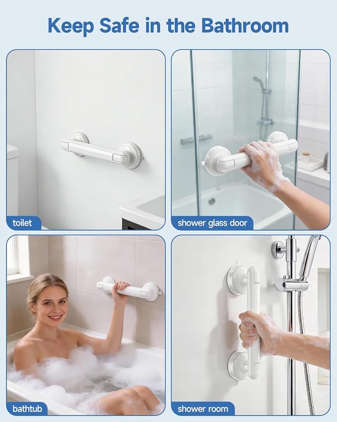 2 Pack Suction Cup Grab Bars for Bathtubs and Showers, 11 Inch Bathroom Safety Grip No Drilling & Waterproof, 230lbs Shower Handle Removable Bath Handrails for Seniors and Elderly, White
