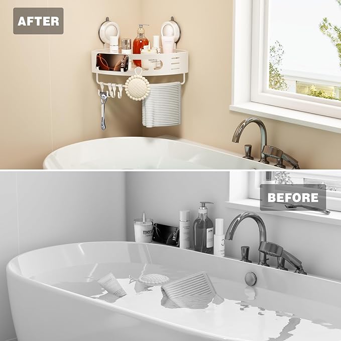 Voldra Corner Shower Caddy Suction Cup, Aluminum Corner Shower Shelves for Wall No Drilling, Large Suction Cup Shower Organizer with Towel Bar & Hooks Removable Bathroom Storage (1 Pack-Cream White)