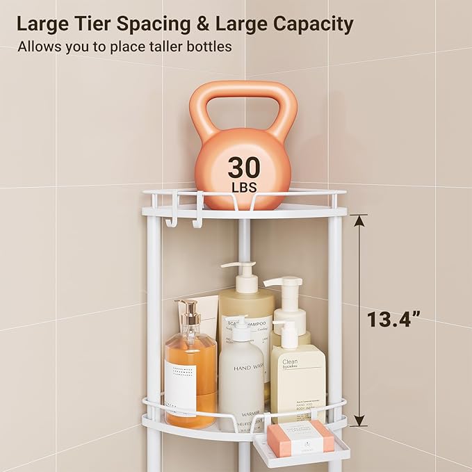 ELYKEN Corner Shower Caddy Standing, 4 Tier Rustproof Metal Shower Organizer with Soap Holder, Floor Shower Corner Shelf Rack Storage Stands with Adjustable Feet & 2 Hooks for Bathroom, White
