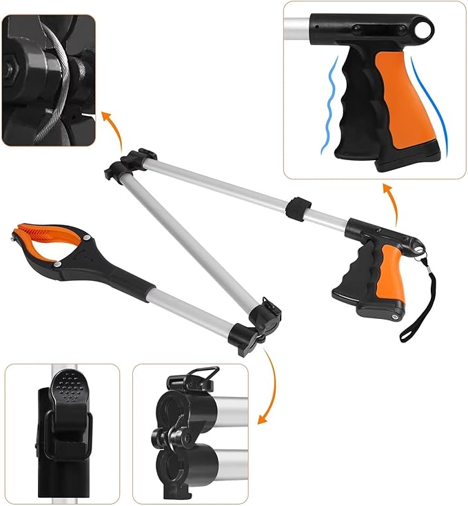 43" Extra Long Grabber Tool, Foldable Grabbers for Elderly Grab It Reaching Tool with Rotating Jaw +Magnets, 4" Wide Claw Opening Reacher Grabber Pickup Tool, Grabber Reacher Tool Heavy Duty