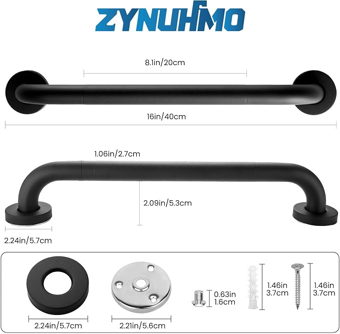 Grab Bars for Shower, Zynuhmo 2 Pack 16 Inch Anti Slip Stainless Steel Bathroom Safety Shower Grab Bar Handrails for Handicap Injury Pregnant Senior Assist Shower Handles(Matte Black, 1" Diameter)
