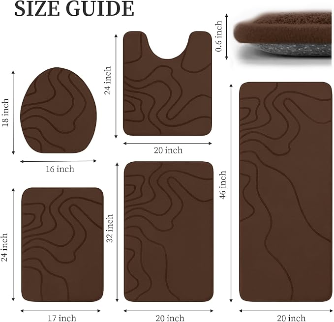 YIHOUSE Memory Foam Bathroom Rugs Sets 5 Piece - Extra Thick Ultra Soft Absorbent Bath Mat Set, Non-Slip Machine Washable Bath Rugs for Bathroom, Tub & Shower, Home Decor Accessories, Coffee