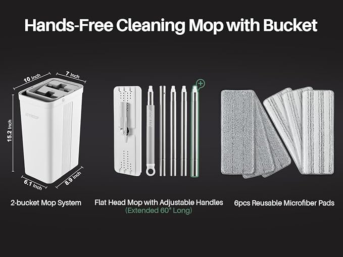 JOYMOOP Mop and Bucket Set, Commercial & Household Use, Flat Mops for Floor Cleaning, Wall Mop Cleaner with Long Handle, Hardwood Floor Mop with 6 Microfiber Pads