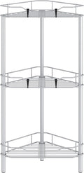 HuggieGems 3 Tier Floor Standing Corner Shower Caddy Organizer Shelf with Hooks, Bathroom Shelves Stand Rack, Silver